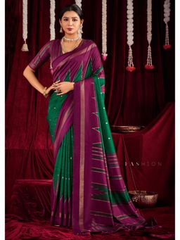 Gahan - Ikat Silk Zig Zag Printed Rani Pink & Green Saree with Unstitched Blouse