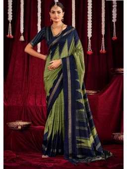 Gahan - Ikat Silk Zig Zag Printed Olive Green & Navy Blue Saree with Unstitched Blouse