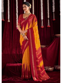 Gahan - Ikat Silk Zig Zag Printed Yellow & Red Saree with Unstitched Blouse