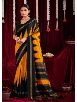 Gahan - Ikat Silk Zig Zag Printed Yellow & Black Saree with Unstitched Blouse