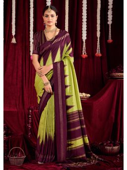 Gahan - Ikat Silk Zig Zag Printed Pista Green & Wine Saree with Unstitched Blouse