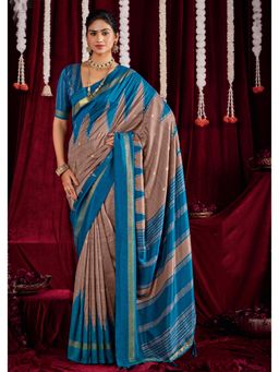 Gahan - Ikat Silk Zig Zag Printed Brown & Blue Saree with Unstitched Blouse
