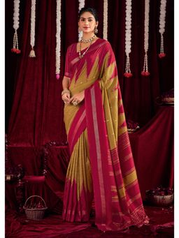 Gahan - Ikat Silk Zig Zag Printed Olive & Pink Saree with Unstitched Blouse
