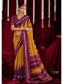 Gahan - Ikat Silk Zig Zag Printed Mustard & Purple Saree with Unstitched Blouse