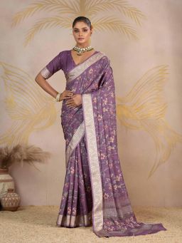 Gahan - Crepe Viscose Lavender Digital Print Saree with Unstitched Blouse