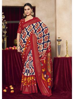 Gahan - Tussar Silk Cream & Blue Patola Print Saree with Unstitched Blouse