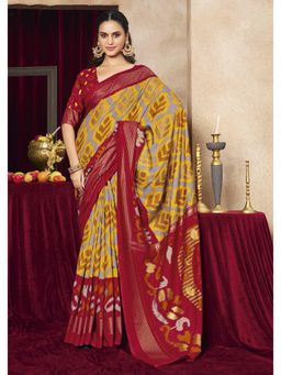 Gahan - Tussar Silk Mustard & Red Patola Print Saree with Unstitched Blouse