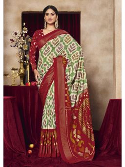 Gahan - Tussar Silk Green & Red Patola Print Saree with Unstitched Blouse