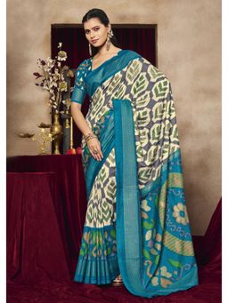 Gahan - Tussar Silk Cream & Sea Blue Patola Print Saree with Unstitched Blouse