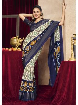 Gahan - Tussar Silk Grey & Navy Blue Patola Print Saree with Unstitched Blouse