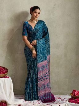 Gahan - Teal Blue Motif Bandhani Saree with Unstitched Blouse