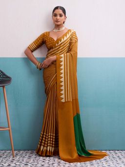 Gahan - Mustard Stripes Printed Saree with Unstitched Blouse