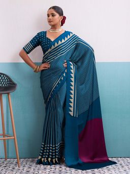 Gahan - Teal Stripes Printed Saree with Unstitched Blouse