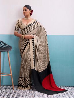 Gahan - Beige Stripes Printed Saree with Unstitched Blouse