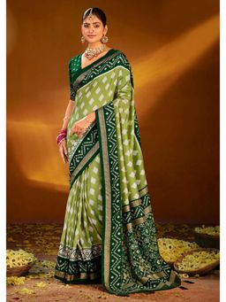 Gahan - Green Ikat Print Velvet Tussar silk Saree with Unstitched Blouse