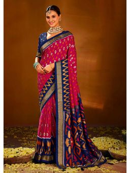 Gahan - Pink Ikat Print Velvet Tussar silk Saree with Unstitched Blouse