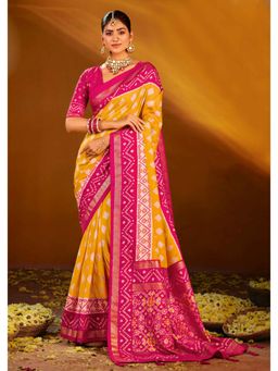 Gahan - Yellow Ikat Print Velvet Tussar silk Saree with Unstitched Blouse
