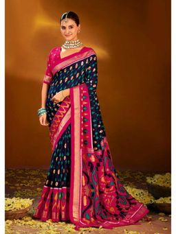 Gahan - Navy Blue Ikat Print Velvet Tussar silk Saree with Unstitched Blouse