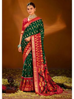 Gahan - Green Ikat Print Velvet Tussar silk Saree with Unstitched Blouse