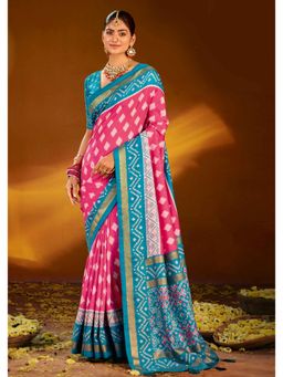 Gahan - Pink Ikat Print Velvet Tussar silk Saree with Unstitched Blouse