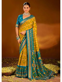 Gahan - Yellow Ikat Print Velvet Tussar silk Saree with Unstitched Blouse
