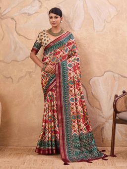 Gahan - Patola Tussar Beige & Green Saree with Unstitched Blouse