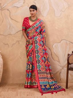 Gahan - Patola Tussar Cream & Red Saree with Unstitched Blouse