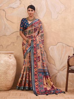 Gahan - Patola Tussar Beige & Blue Saree with Unstitched Blouse