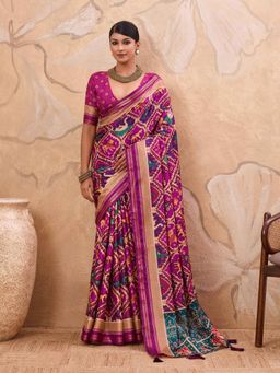 Gahan - Patola Tussar Pink & Sea Green Saree with Unstitched Blouse