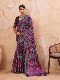 Gahan - Patola Tussar Pink & Wine Saree with Unstitched Blouse