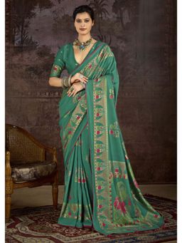Gahan - Velvet Tussar Silk Rajwadi Printed Green Saree with Unstitched Blouse