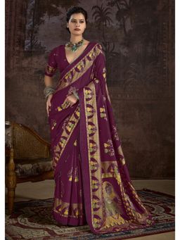 Gahan - Velvet Tussar Silk Rajwadi Printed Purple Saree with Unstitched Blouse