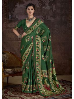 Gahan - Velvet Tussar Silk Rajwadi Printed Dark Green Saree with Unstitched Blouse