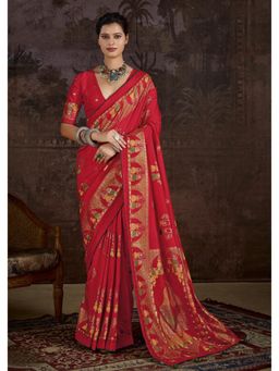 Gahan - Velvet Tussar Silk Rajwadi Printed Red Saree with Unstitched Blouse