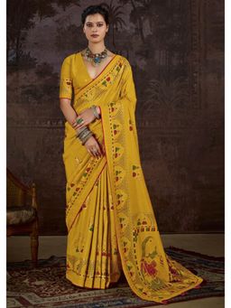 Gahan - Velvet Tussar Silk Rajwadi Printed Mustard Saree with Unstitched Blouse