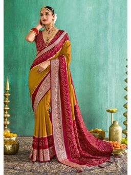 Gahan - Mustard Maroon Banarasi Saree with Unstitched Blouse