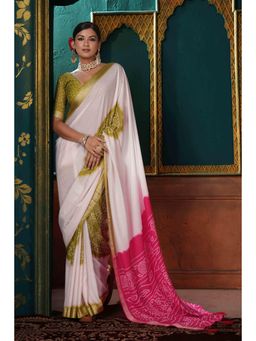 Gahan - Crepe Bandhani Print White,Pink & Green Saree with Unstitched Blouse