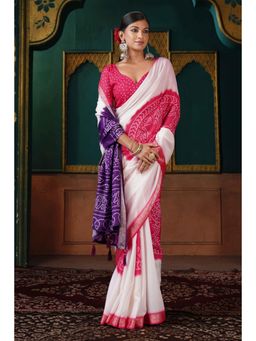 Gahan - Crepe Bandhani Print White,Pink & Purple Saree with Unstitched Blouse