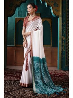 Gahan - Crepe Bandhani Print White,Brown & Blue Saree with Unstitched Blouse