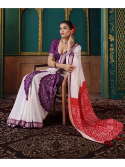 Gahan - Crepe Bandhani Print White,Red & Purple Saree with Unstitched Blouse