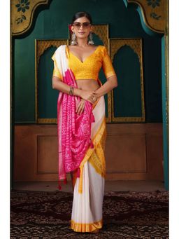 Gahan - Crepe Bandhani Print White,Pink & Yellow Saree with Unstitched Blouse