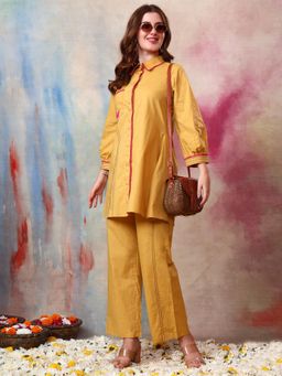 Gahan - Women Cotton Slub Yellow Lace Work Co-Ord Set