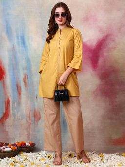 Gahan - Women Cotton Slub Yellow Zari Work Co-Ord Set