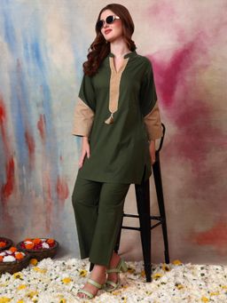 Gahan - Women Cotton Slub Mehendi Lace Work Co-Ord Set