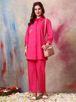 Gahan - Women Cotton Slub Dark Pink Lace Work Co-Ord Set