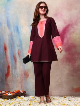 Gahan - Women Cotton Slub Coffee Brown Lace Work Co-Ord Set