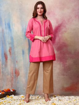 Gahan - Women Cotton Slub Pink Lace & Zari Work Co-Ord Set
