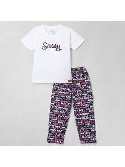 FUNKRAFTS - Girls White Half Sleeves Typographic Applique T-Shirt & Pant