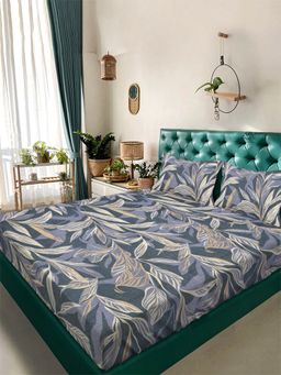 ARRABI - Grey Leaf Tc Cotton Blend King Bedsheet With 2 Pillow Covers