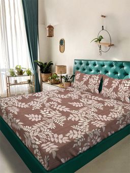 ARRABI - Brown Floral Tc Cotton Blend King Bedsheet With 2 Pillow Covers